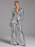 Silver Square Sequin Peak Lapel Blazer & High Waist Full Flare Trousers 2-Piece Party Suit DC-Beyond Borders Collective