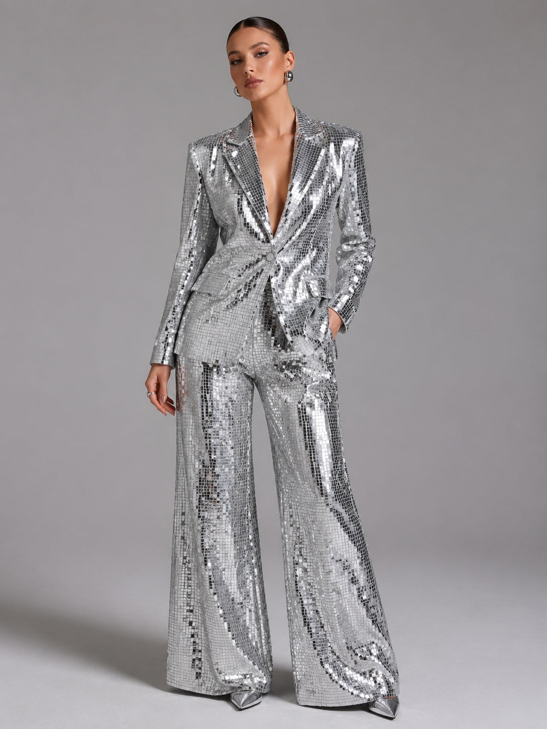 Silver Square Sequin Peak Lapel Blazer & High Waist Full Flare Trousers 2-Piece Party Suit DC-Beyond Borders Collective