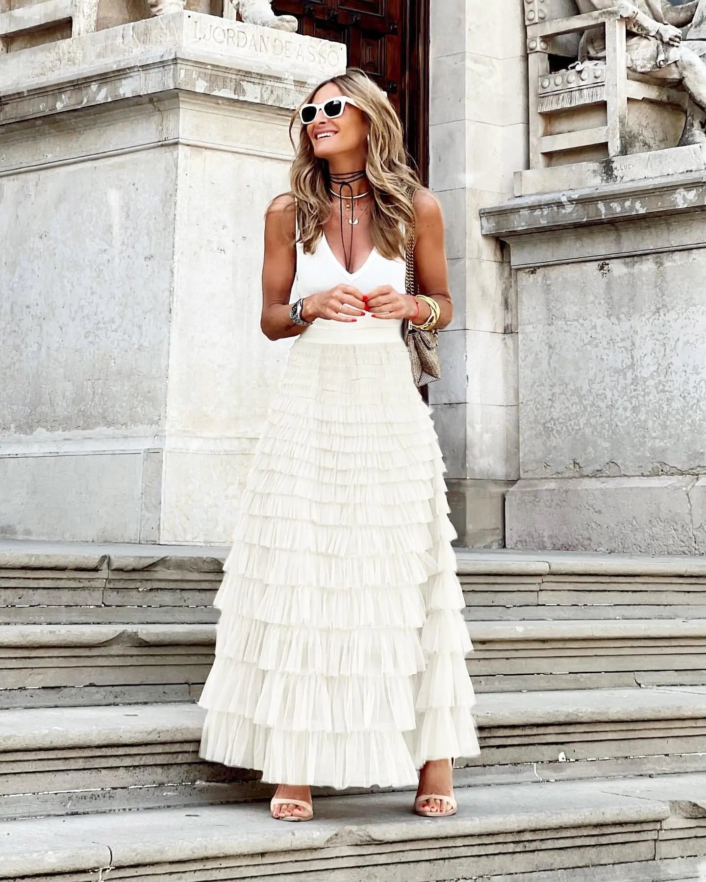 A Line Swing Mesh Long Skirt RightOn68
