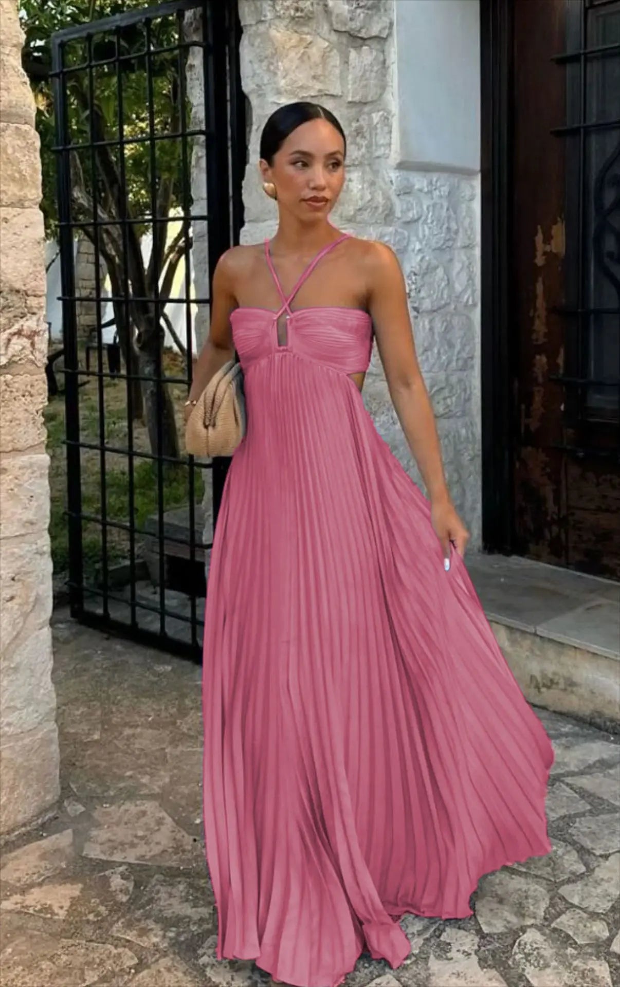 Ins Pleated Sleeveless Sling Dress Hollow High Waist Halter Robe Dresses For Evening Party Club Clothing Women DC-Beyond Borders Collective