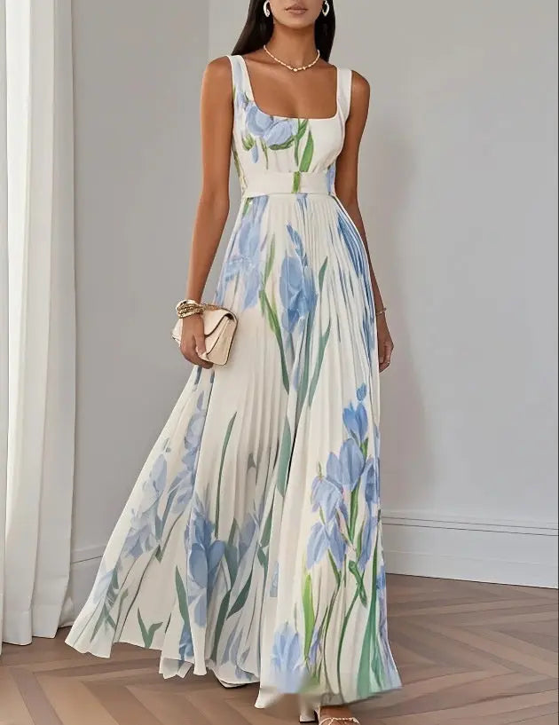 Floral Print Pleated Dress Summer A-Line Sleeveless Midi Dresses Women's Clothing DC-Beyond Borders Collective
